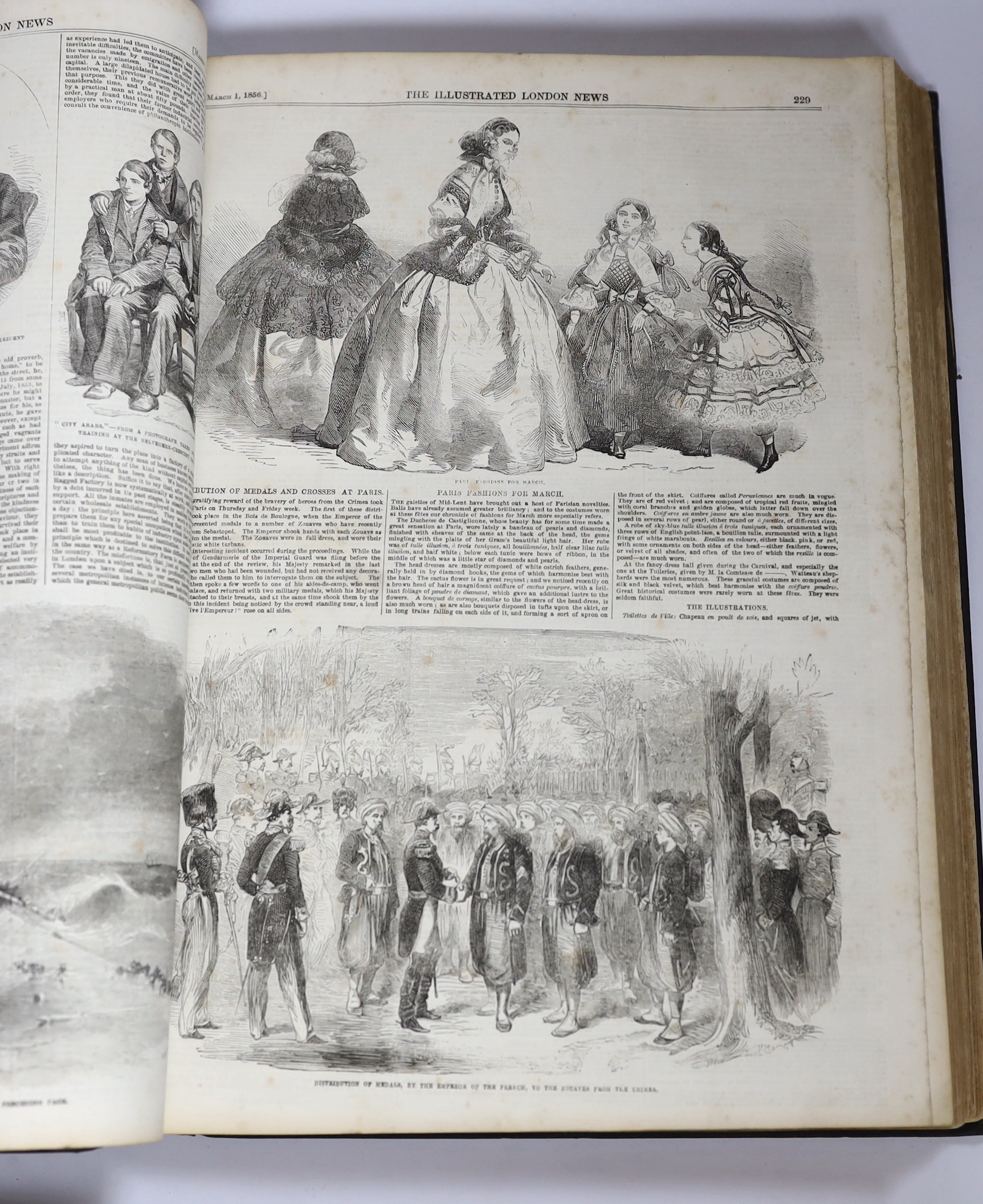 The Illustrated London News - vols.17 (July-Dec.1850); 20 (Jan-June 1852); 28 (Jan-June 1856). many engraved illus. (some folded or d-page); various cloth and leather bindings, folio. (3)